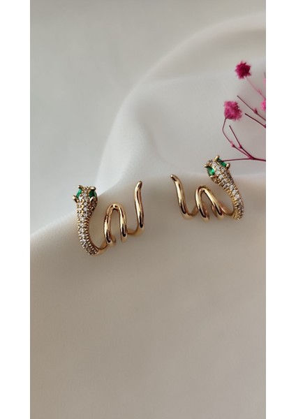 Zirkon Dolama Yılan Metal Gold Küpe