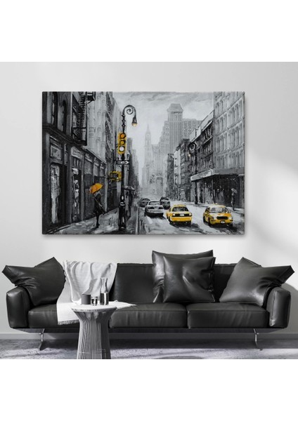 - New York Sokakları ve Sarı Taksi Yağlıboya Görünüm Kanvas TABLO-3552