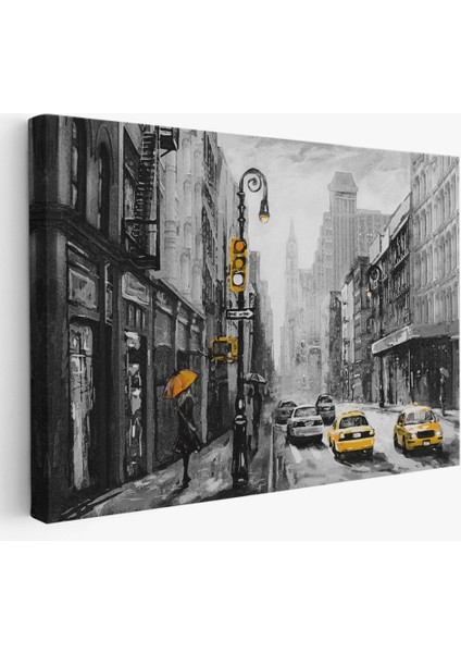 - New York Sokakları ve Sarı Taksi Yağlıboya Görünüm Kanvas TABLO-3552