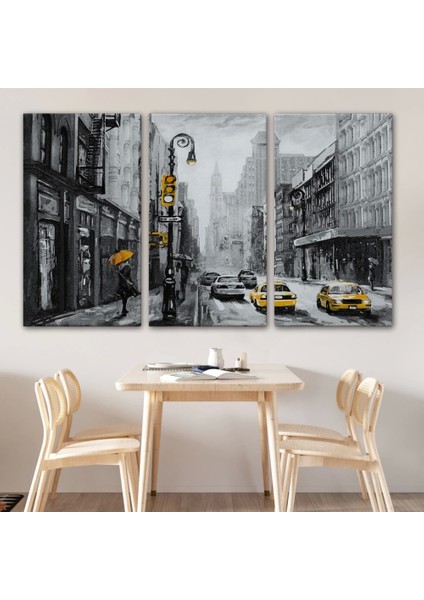- New York Sokakları ve Sarı Taksi Yağlıboya Görünüm Kanvas TABLO-3552