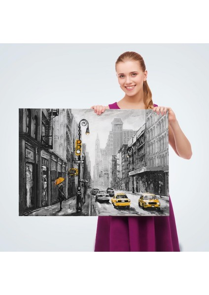 - New York Sokakları ve Sarı Taksi Yağlıboya Görünüm Kanvas TABLO-3552