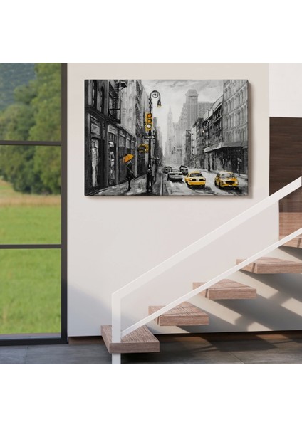 - New York Sokakları ve Sarı Taksi Yağlıboya Görünüm Kanvas TABLO-3552