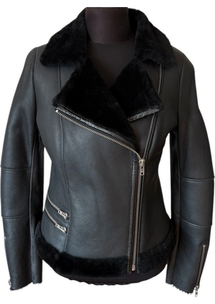 - Kadın Siyah Koyun Kürkü Ceket - Emorı