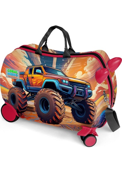 Kids Turuncu High Wheels Truck Desenli Otur-Çek Çocuk Valizi 16365