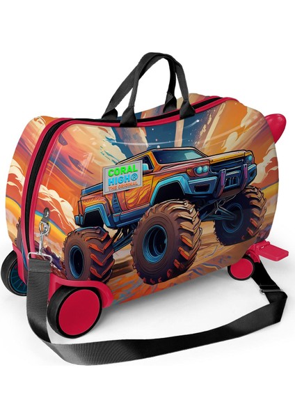 Kids Turuncu High Wheels Truck Desenli Otur-Çek Çocuk Valizi 16365 modelleri