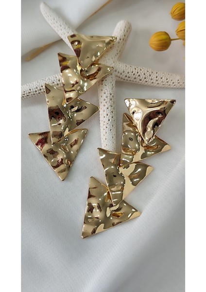 Piramit Sarkıt Metal Gold Küpe
