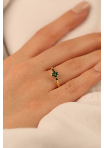 Yeşil Taşlı Yonca Altın Yüzük CGKYZK0307