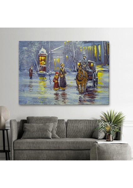 - Eski Şehir ve At Arabası Yağlıboya Görünüm Dekoratif Kanvas Duvar TABLOSU-3573