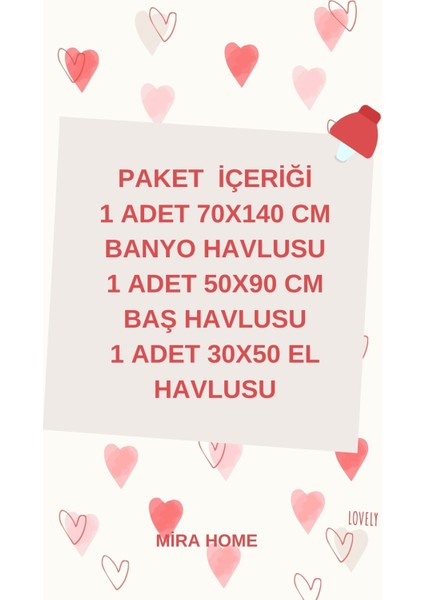 3 Parça Kalp Nakışlı Banyo Havlusu Takımı %100 Pamuklu Lovely Set indirimleri