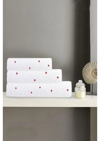 3 Parça Kalp Nakışlı Banyo Havlusu Takımı %100 Pamuklu Lovely Set indirimleri