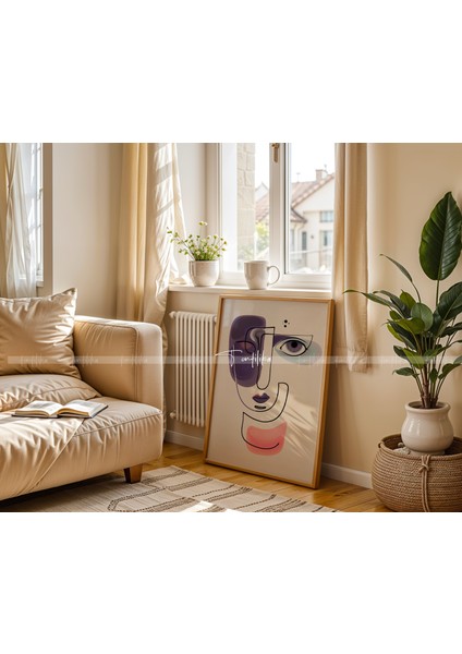 Minimalist Renkli Çizgilerle Yüz Temalı 3'lü Ahşap Çerçeveli Tablo Seti