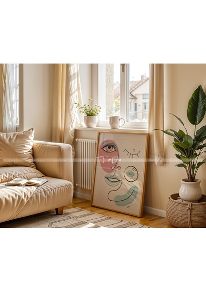 Minimalist Renkli Çizgilerle Yüz Temalı 3'lü Ahşap Çerçeveli Tablo Seti