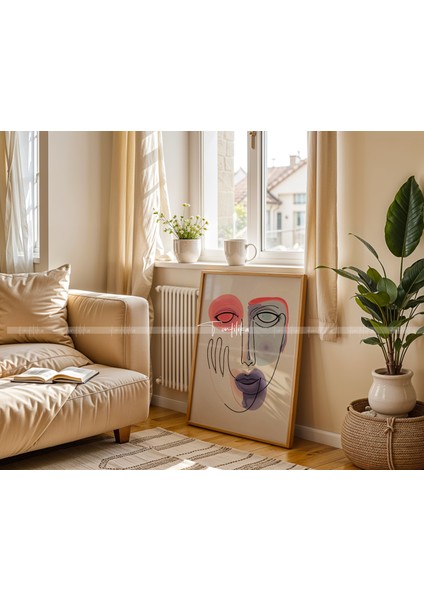 Minimalist Renkli Çizgilerle Yüz Temalı 3'lü Ahşap Çerçeveli Tablo Seti