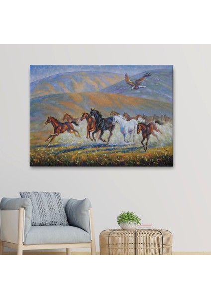 - At Sürüsü ve Kartal Yağlıboya Görünüm Dekoratif Kanvas Duvar TABLOSU-3600