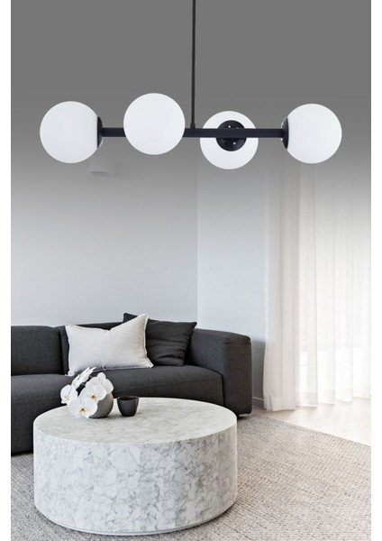 Luxury Modern Tasarım Siyah 4'lü Beyaz Glop Camlı Avize