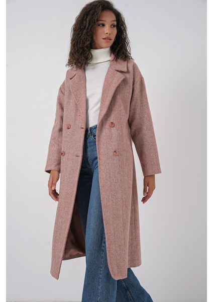 9113 Oversize Geniş Kesim Yünlü Uzun Kaşe Kaban - Somon