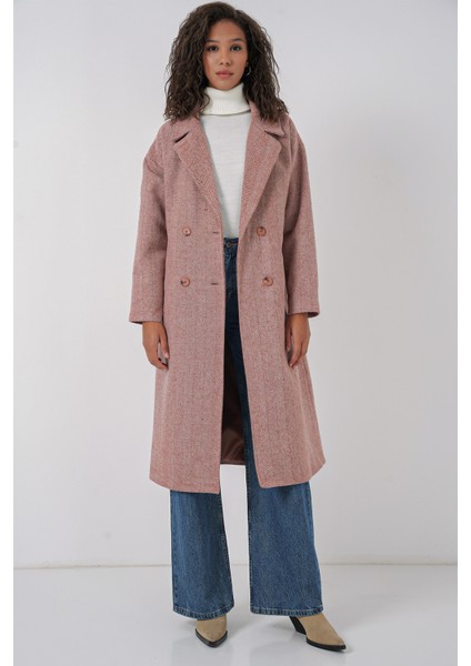 9113 Oversize Geniş Kesim Yünlü Uzun Kaşe Kaban - Somon fiyatları