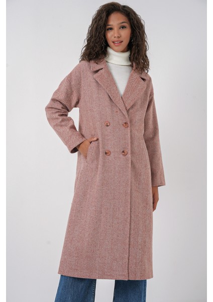 9113 Oversize Geniş Kesim Yünlü Uzun Kaşe Kaban - Somon modelleri