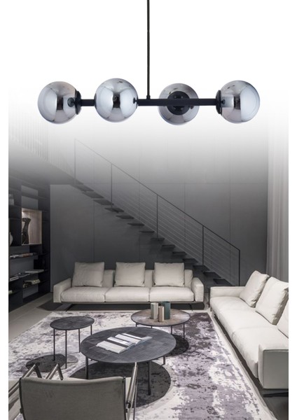 Luxury Modern Tasarım Siyah 4'lü Füme Glop Camlı Avize