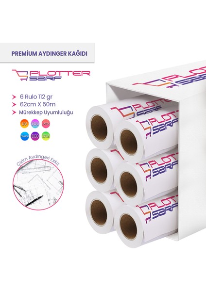 PlotterSarf® Plotter Aydınger (Çizim) Kağıdı 112GR Rulo 62CM x 50MT (6 Rulo)