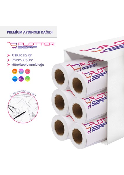 ® Plotter Aydınger Çizim Kağıdı 112 gr Rulo 75cm x 50mt (6 Rulo)