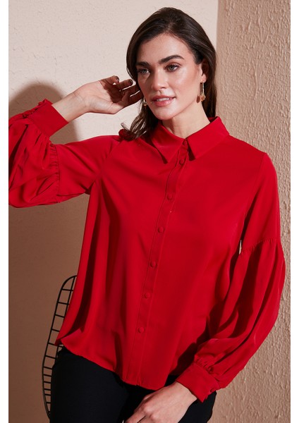Regular Fit Dikiş Detaylı Düz Yaka Balon Kol Gömlek Bayan Gömlek 611GO00003 fiyatları