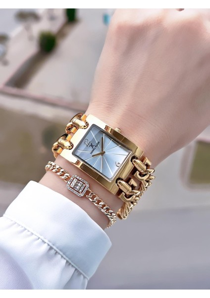 Spor Zincir Kordon Köşeli Seri 2 Yıl Garantili Kadın Kol Saati+Bileklik BDK.10036.4 fiyatları