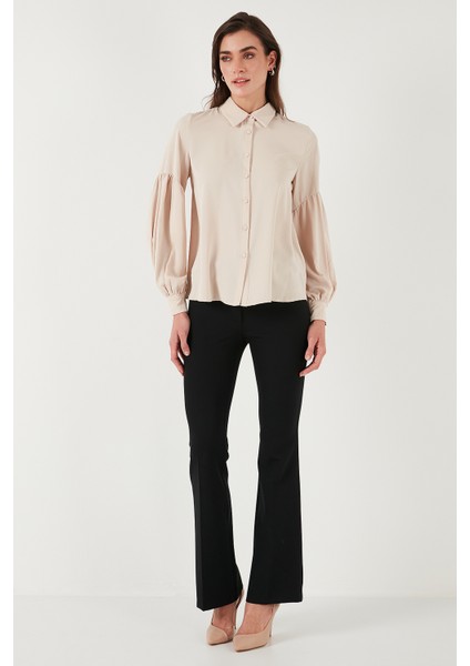 Regular Fit Dikiş Detaylı Düz Yaka Balon Kol Gömlek Bayan Gömlek 611GO00003 modelleri