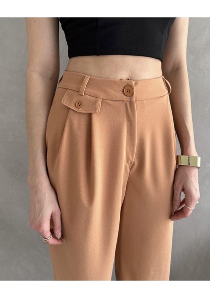 Kadın Jessia Bel ve Paça Düğmeli Kadın Krep Pantolon, 4 Mevsim Pantolon