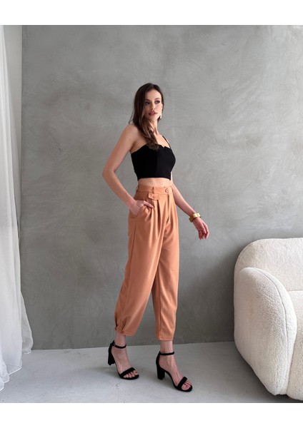 Kadın Jessia Bel ve Paça Düğmeli Kadın Krep Pantolon, 4 Mevsim Pantolon