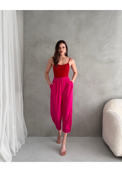 Kadın Jessia Bel ve Paça Düğmeli Kadın Krep Pantolon, 4 Mevsim Pantolon