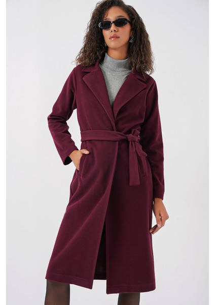 9118 Kruvaze Yaka Kaşe Kaban - Bordo