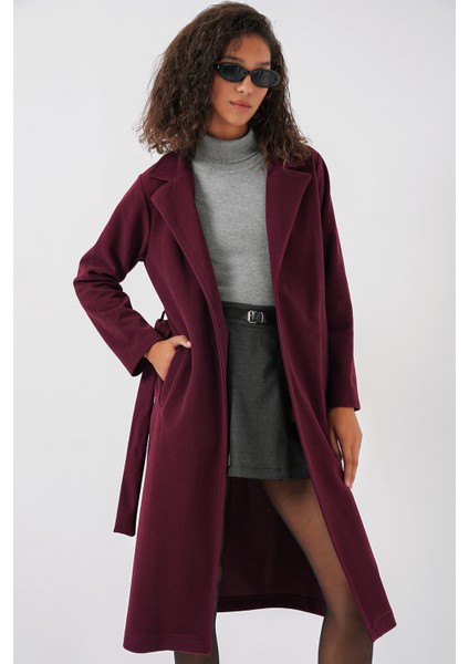 9118 Kruvaze Yaka Kaşe Kaban - Bordo modelleri