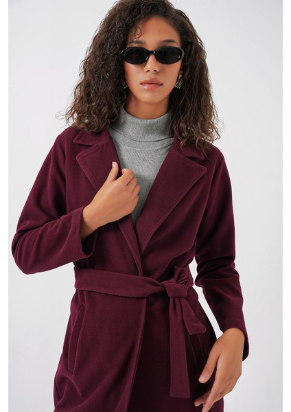 9118 Kruvaze Yaka Kaşe Kaban - Bordo fırsatları