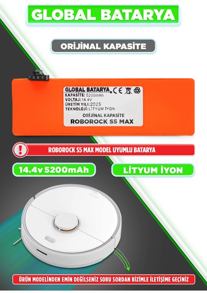 Roborock S5 Max Uyumlu Akıllı Robot Süpürge Bataryası 14.4V 5200MAH Li-Ion Pil ( Kapasite)