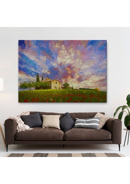 - Toskana Italyadaki Kırmızı Gelincik Tarlası Yağlıboya Görünüm Kanvas TABLOSU-3697