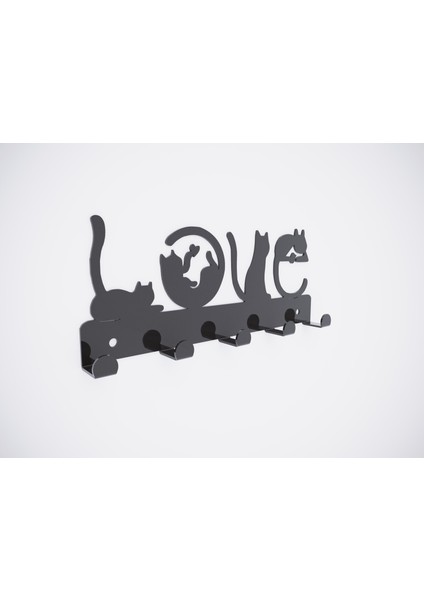 Love Yazılı Siyah Metal Dekoratif Anahtar Askılığı - Pano Askılığı Love Yazılı Kedi Desenli Dekoratif Anahtarlık