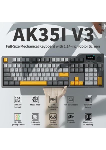 AK35I V3 Kablosuz Mekanik Oyuncu Klavyesi-Gasket Gövde Yapısı Dinamik Rgb-Tft Ekranlı Siyah/avakado Switch indirimleri