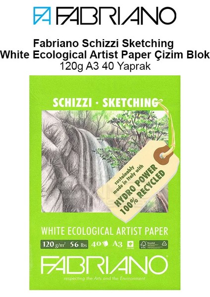 Fabriano Schizzi Sketching White Ecological Artist Paper Çizim Blok 120G A3 40 Yaprak