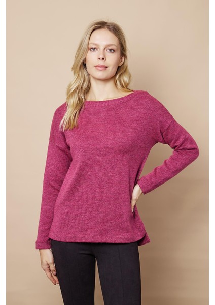 Kadın Hafif Esnek Trkio Kayık Yaka Düşük Omuzlu Uzun Kol Kazak Bluz-Vişne