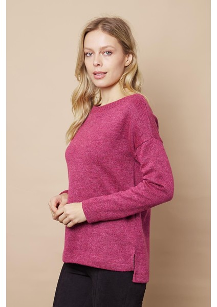 Kadın Hafif Esnek Trkio Kayık Yaka Düşük Omuzlu Uzun Kol Kazak Bluz-Vişne fiyatları