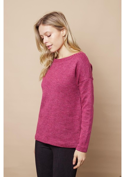 Kadın Hafif Esnek Trkio Kayık Yaka Düşük Omuzlu Uzun Kol Kazak Bluz-Vişne modelleri