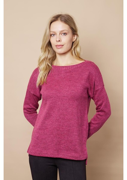 Kadın Hafif Esnek Trkio Kayık Yaka Düşük Omuzlu Uzun Kol Kazak Bluz-Vişne fırsatları