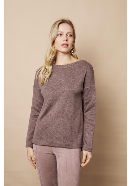 Kadın Hafif Esnek Trkio Kayık Yaka Düşük Omuzlu Uzun Kol Kazak Bluz-Vizon