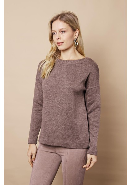 Kadın Hafif Esnek Trkio Kayık Yaka Düşük Omuzlu Uzun Kol Kazak Bluz-Vizon fiyatları