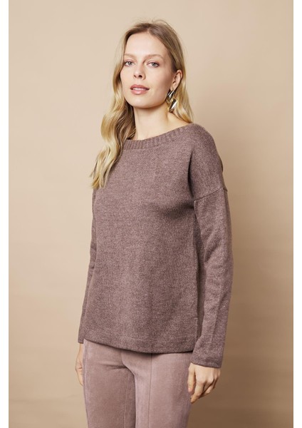 Kadın Hafif Esnek Trkio Kayık Yaka Düşük Omuzlu Uzun Kol Kazak Bluz-Vizon modelleri