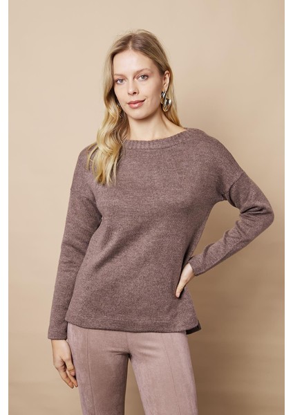 Kadın Hafif Esnek Trkio Kayık Yaka Düşük Omuzlu Uzun Kol Kazak Bluz-Vizon fırsatları