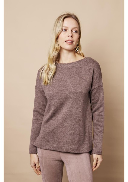 Kadın Hafif Esnek Trkio Kayık Yaka Düşük Omuzlu Uzun Kol Kazak Bluz-Vizon indirimleri