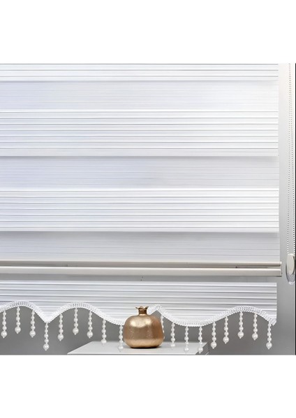 Beyaz Piliseli Boncuklu Kumaş Zebra Stor Perde