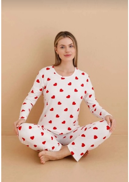 Bayan Pijama Takım Süet Soft Pamuklu Kumaş Kırmızı Kalp Desen Dar Kalıp Sevgililer Günü